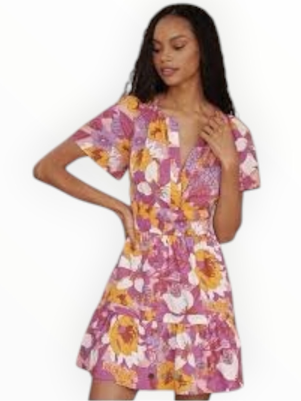 ANTHROPOLOGIE The Somerset Collection Pink Purple Floral V-Neck Mini Dress S